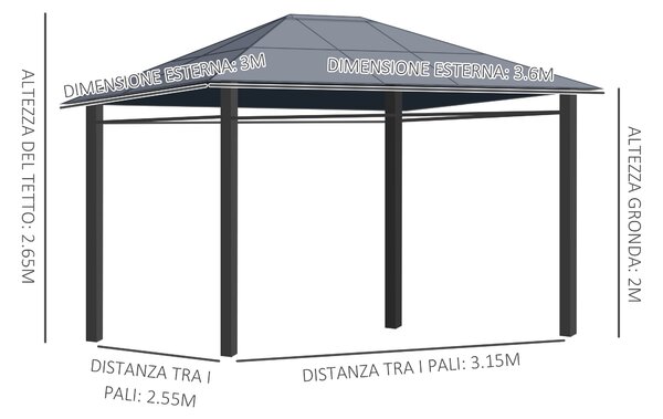 Outsunny Gazebo da Giardino 3.6x3m con Tetto in Policarbonato Anti UV e Tende, Grigio|Aosom