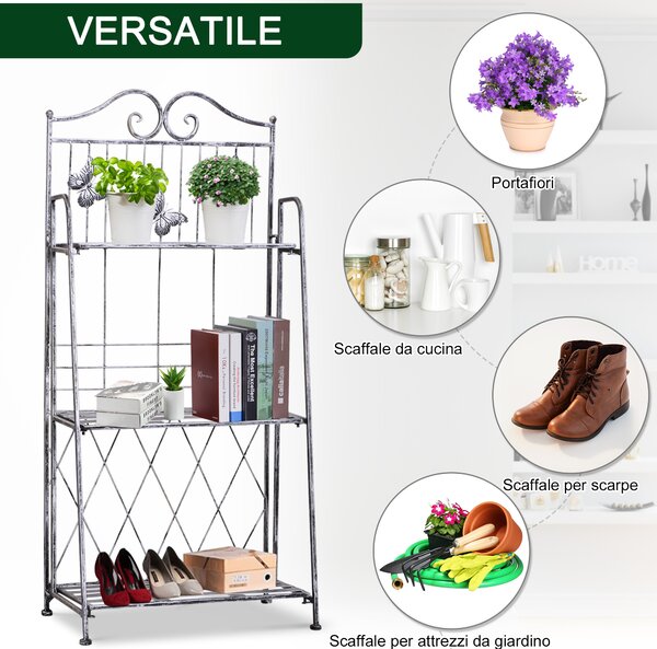 Scaffale Fioriera 3 Ripiani Pieghevole da Giardino Balcone, Metallo, Argento, 44x25x96 cm|Aosom