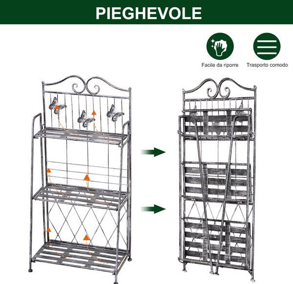 Scaffale Fioriera 3 Ripiani Pieghevole da Giardino Balcone, Metallo, Argento, 44x25x96 cm|Aosom