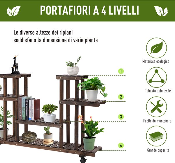 Outsunny Scaffale Portafiori in Legno a 4 Livelli, Fioriera da Esterno/Interno con Ruote, 123.5x33x80cm, Pratico e Elegante|Aosom