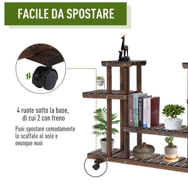 Outsunny Scaffale Portafiori in Legno a 4 Livelli, Fioriera da Esterno/Interno con Ruote, 123.5x33x80cm, Pratico e Elegante|Aosom