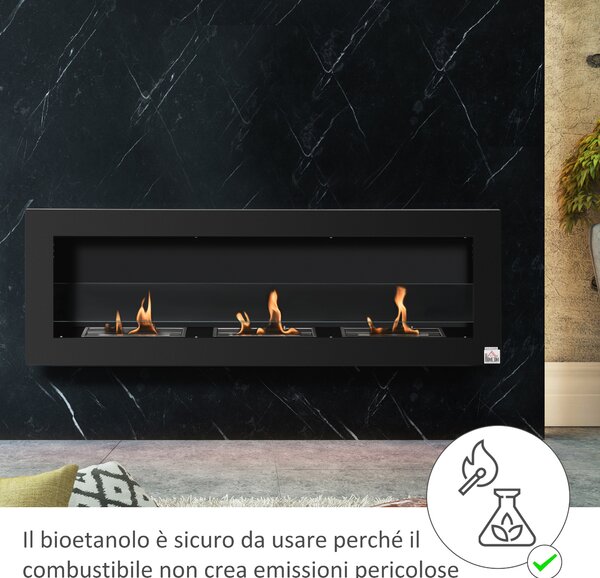 HOMCOM Camino Bioetanolo da Parete con 3 Serbatoi da 1L e Copertura 20m², Biocamino in Acciaio e Vetro, 120x15x40cm, Nero