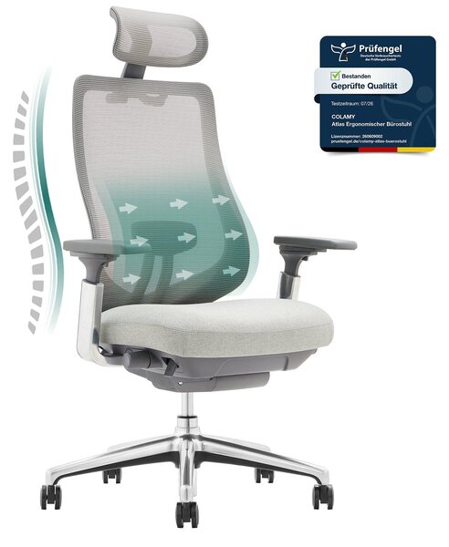 COLAMY ATLAS Sedia da ufficio ergonomica in rete – Poltrona direzionale con poggiatesta, braccioli 4D, sedile scorrevole e blocco dell'inclinazione, grigia