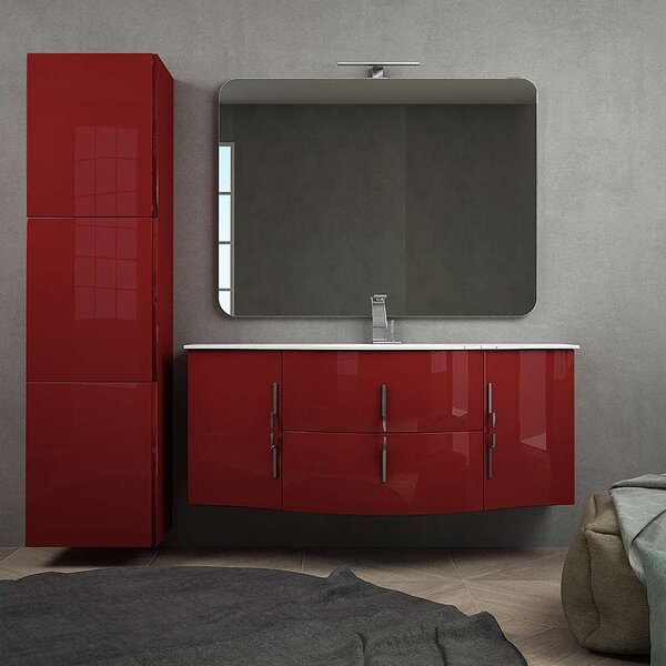 Mobile bagno onda rosso lucido 140 cm sospeso moderno con cassettoni soft close colonna 170 cm tre ante specchio e lampada LED