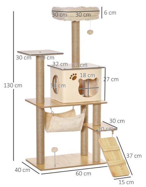PawHut Albero Tiragraffi per gatti Multilivello con Casetta, Amaca, Scaletta e Corde in Juta, Rivestimento Peluche, 60x40x130cm, Giallo|Aosom