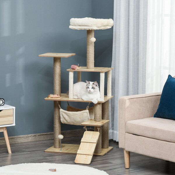 PawHut Albero Tiragraffi per gatti Multilivello con Casetta, Amaca, Scaletta e Corde in Juta, Rivestimento Peluche, 60x40x130cm, Giallo|Aosom