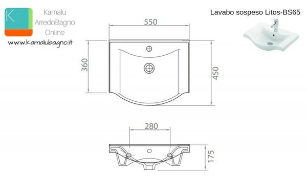 Kamalu lavandino 55cm sospeso bagno litos-bs55
