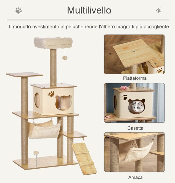 PawHut Albero Tiragraffi per gatti Multilivello con Casetta, Amaca, Scaletta e Corde in Juta, Rivestimento Peluche, 60x40x130cm, Giallo|Aosom