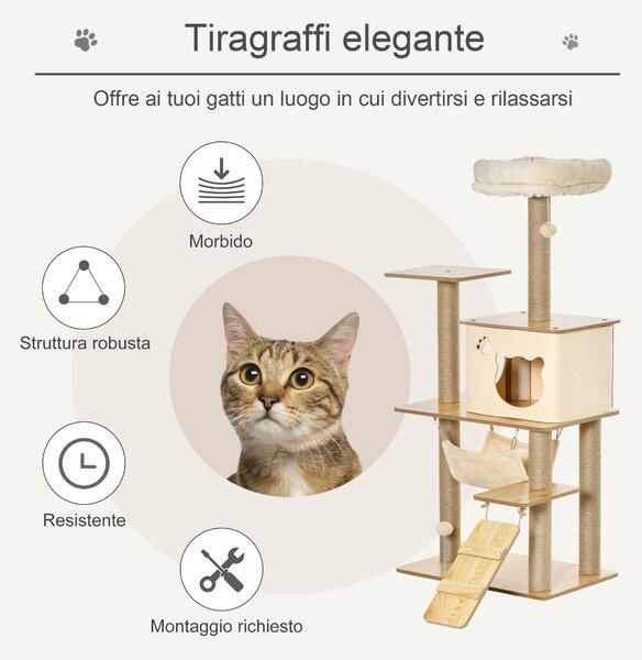 PawHut Albero Tiragraffi per gatti Multilivello con Casetta, Amaca, Scaletta e Corde in Juta, Rivestimento Peluche, 60x40x130cm, Giallo|Aosom