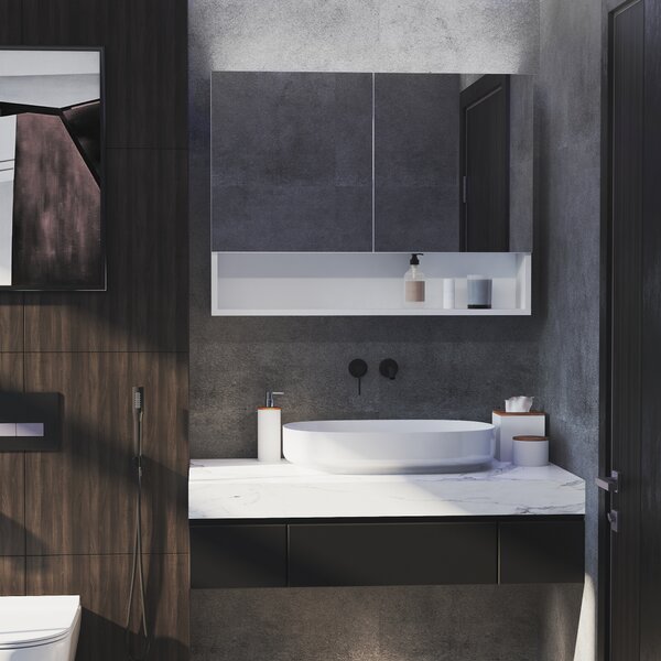 HOMCOM Armadietto da Bagno con Specchio a Muro, con Luci a LED, Ripiano Aperto e Ripiano Interno Regolabile, in Vetro e MDF, 80x15x60cm| Aosom Italy