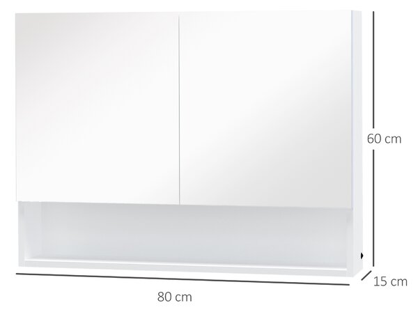 HOMCOM Armadietto da Bagno con Specchio a Muro, con Luci a LED, Ripiano Aperto e Ripiano Interno Regolabile, in Vetro e MDF, 80x15x60cm| Aosom Italy