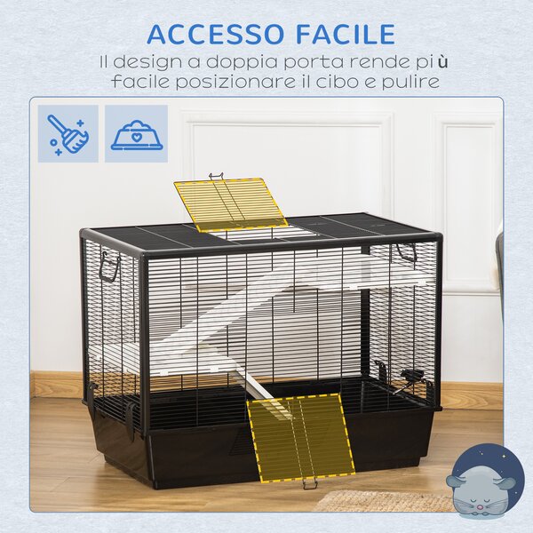 PawHut Gabbia per Porcellino d'India con Maniglia, Serbatoio d'Acqua, Rampa e Piatto, 80x48x58cm, Nera|Aosom