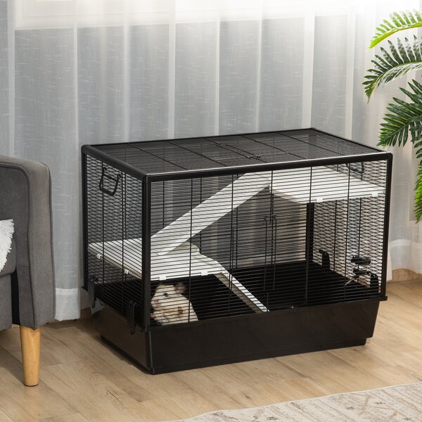PawHut Gabbia per Porcellino d'India con Maniglia, Serbatoio d'Acqua, Rampa e Piatto, 80x48x58cm, Nera|Aosom