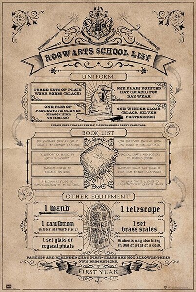 Posters, Stampe Harry Potter - Elenco delle forniture scolastiche di Hogwarts, (61 x 91.5 cm)