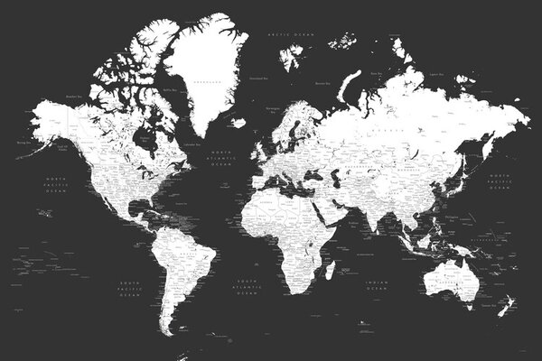 Posters, Stampe Blursbyai - Black and white world map