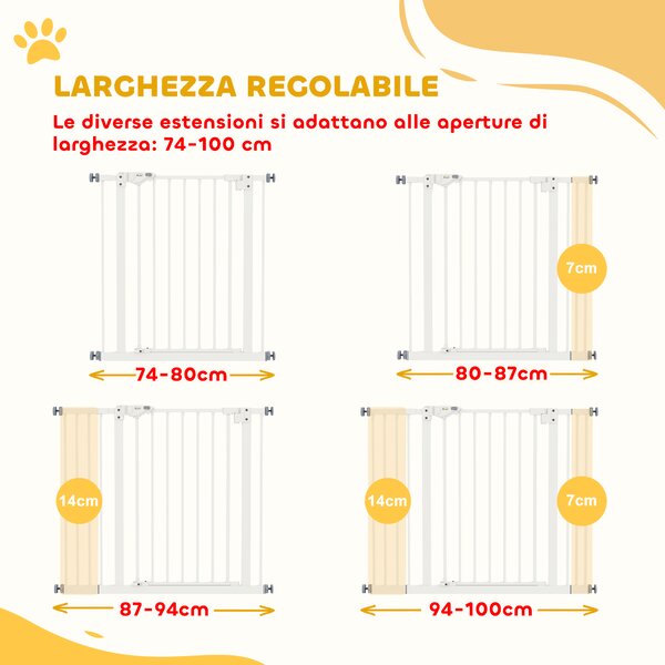 PawHut Cancellino per Cani Regolabile Fino a 100 cm Senza Viti con 2 Estensioni e Altezza 72 cm, Bianco|Aosom