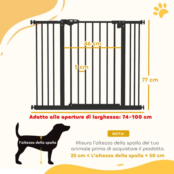PawHut Cancellino per Cani Regolabile Fino a 100 cm Senza Viti con 2 Estensioni e Altezza 72 cm, Nero