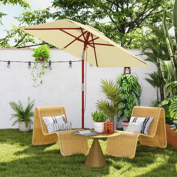 Outsunny Ombrellone Rettangolare Inclinabile 2x1.5 m con 6 Stecche e Apertura a Corda, in Bambù e Poliestere Beige