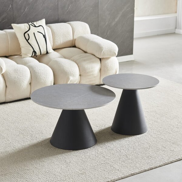 Tavoli da salotto Mush con piano in ceramica effetto marmo grigio opaco con gamba nera