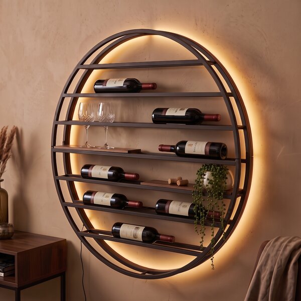 Lampada da parete moderna nera con legno rotondo e LED integrato - Wine Rack