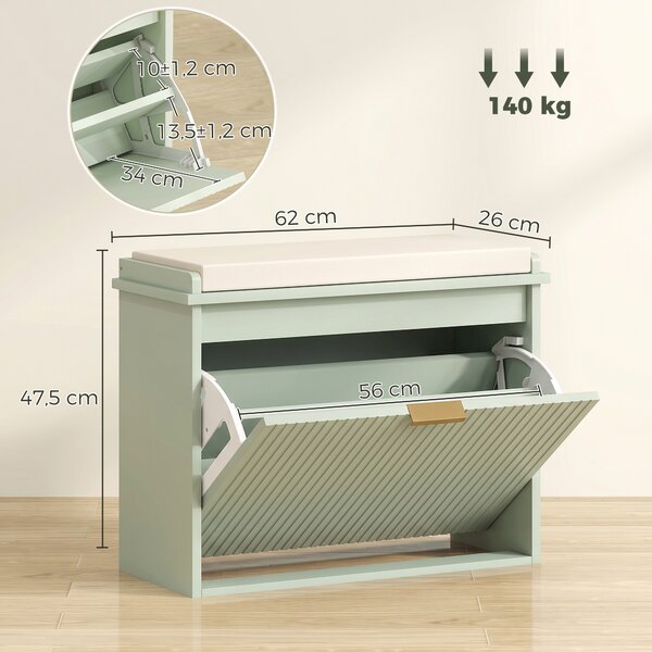 HOMCOM Panca portascarpe con cuscino e cassetto ribaltabile 62x26x47,5 cm, Verde | Aosom Italy