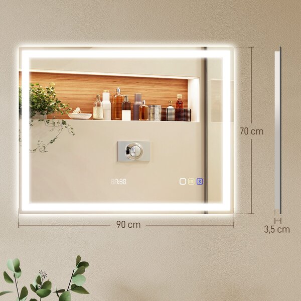 HOMCOM Specchio da bagno LED Bluetooth 90x70 cm con touch, antiappannamento e memoria, Argento | Aosom Italy