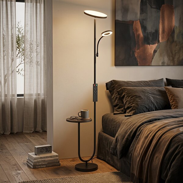HOMCOM Lampada da terra LED 42W dimmerabile con luce regolabile, ripiano e telecomando, Nero | Aosom Italy