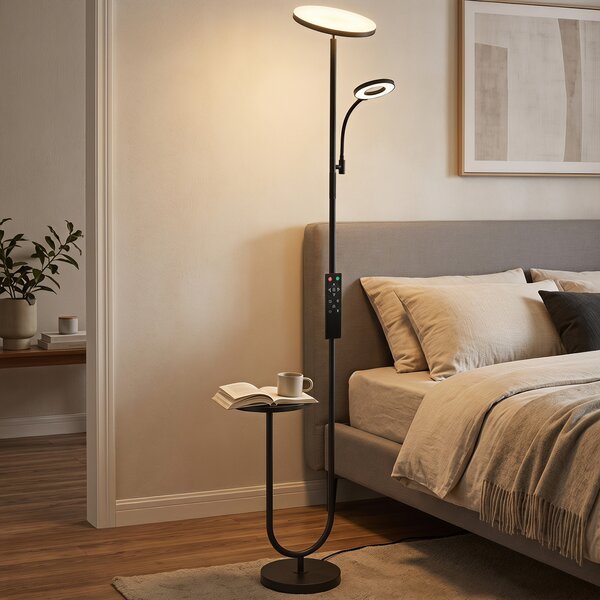HOMCOM Lampada da terra LED 42W dimmerabile con luce regolabile, ripiano e telecomando, Nero | Aosom Italy