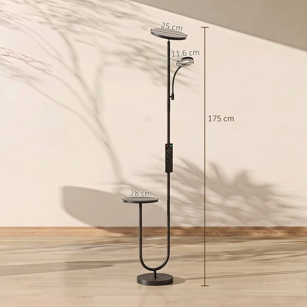 HOMCOM Lampada da terra LED 42W dimmerabile con luce regolabile, ripiano e telecomando, Nero | Aosom Italy