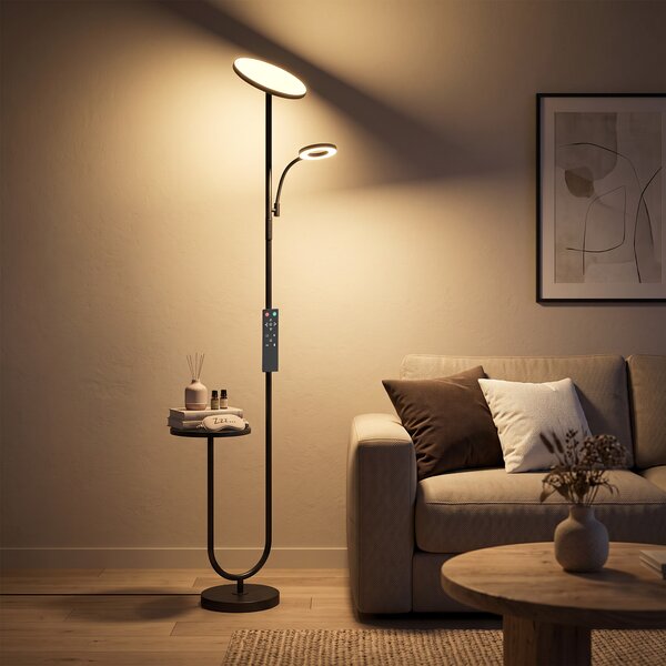 HOMCOM Lampada da terra LED 42W dimmerabile con luce regolabile, ripiano e telecomando, Nero | Aosom Italy