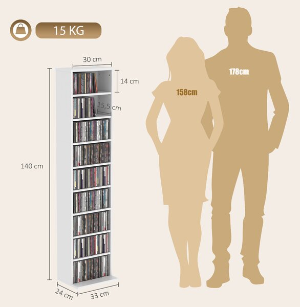 HOMCOM Scaffale CD/DVD slim con 9 ripiani, 6 mensole regolabili, per 260 CD, Bianco | Aosom Italy