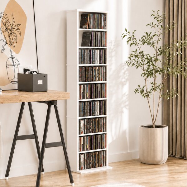HOMCOM Scaffale CD/DVD slim con 9 ripiani, 6 mensole regolabili, per 260 CD, Bianco | Aosom Italy