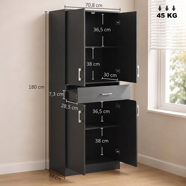 HOMCOM Credenza alta da cucina con 4 ante, 2 ripiani regolabili e cassetto, 180 cm, Nero | Aosom Italy