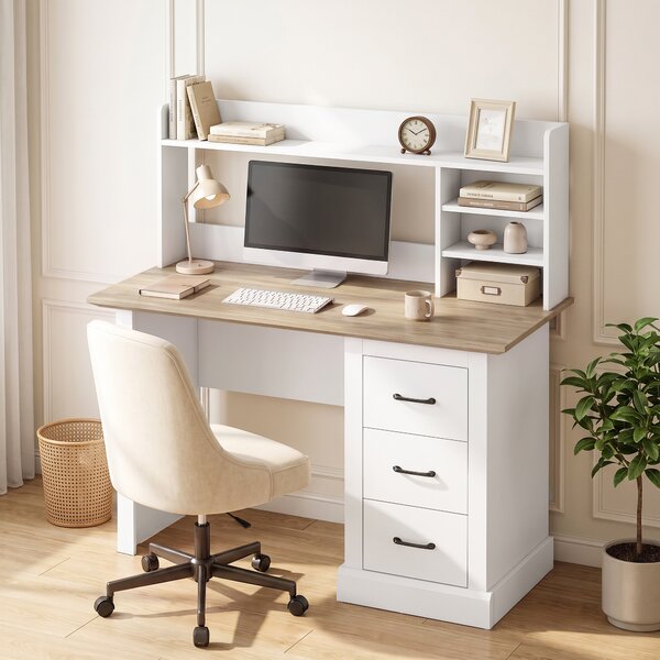 HOMCOM Scrivania per computer 120x55 cm con 3 cassetti e ripiani aperti, Rovere e Bianco | Aosom Italy