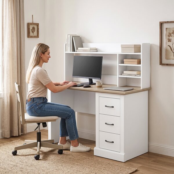 HOMCOM Scrivania per computer 120x55 cm con 3 cassetti e ripiani aperti, Rovere e Bianco | Aosom Italy