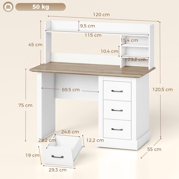 HOMCOM Scrivania per computer 120x55 cm con 3 cassetti e ripiani aperti, Rovere e Bianco | Aosom Italy