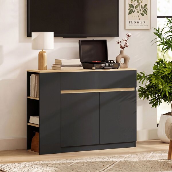 HOMCOM Credenza con armadietto, cassetto e ripiano a 3 livelli 110x29,5x82 cm, Nero | Aosom Italy