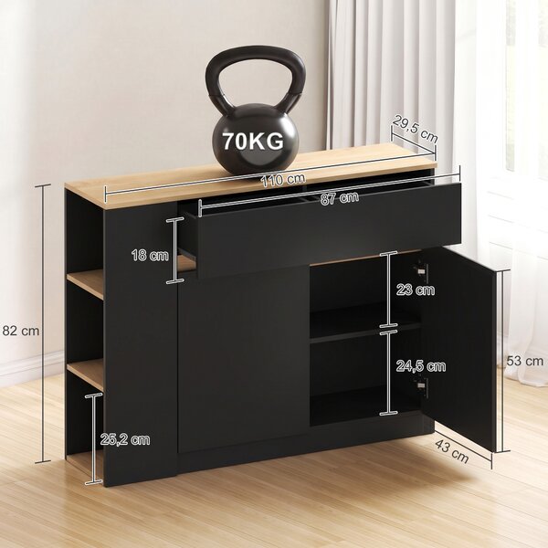 HOMCOM Credenza con armadietto, cassetto e ripiano a 3 livelli 110x29,5x82 cm, Nero | Aosom Italy