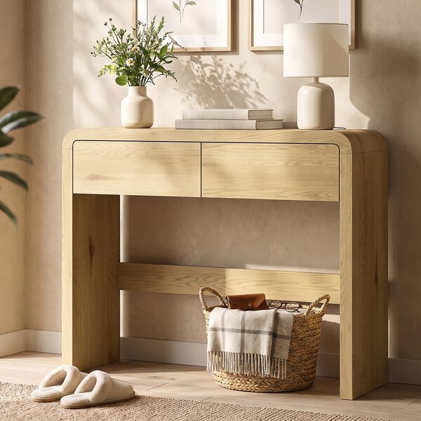 HOMCOM Consolle con 2 cassetti, angoli arrotondati e piano spesso, 100x30x85 cm, Legno naturale | Aosom Italy