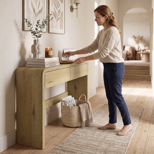 HOMCOM Consolle con 2 cassetti, angoli arrotondati e piano spesso, 100x30x85 cm, Legno naturale | Aosom Italy