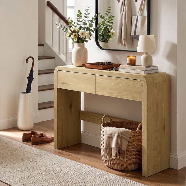 HOMCOM Consolle con 2 cassetti, angoli arrotondati e piano spesso, 100x30x85 cm, Legno naturale | Aosom Italy