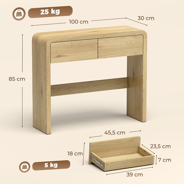 HOMCOM Consolle con 2 cassetti, angoli arrotondati e piano spesso, 100x30x85 cm, Legno naturale | Aosom Italy