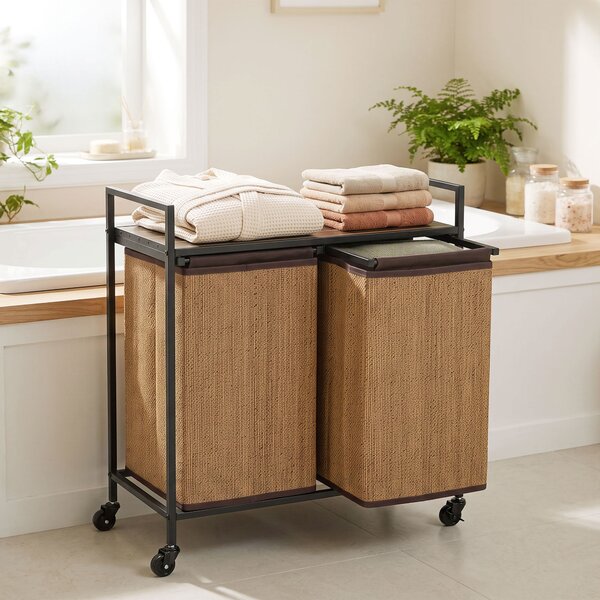 HOMCOM Cesto biancheria in bambù 120L a 2 vani con ripiano, sacco estraibile e ruote, 73x33x78 cm, Marrone | Aosom Italy