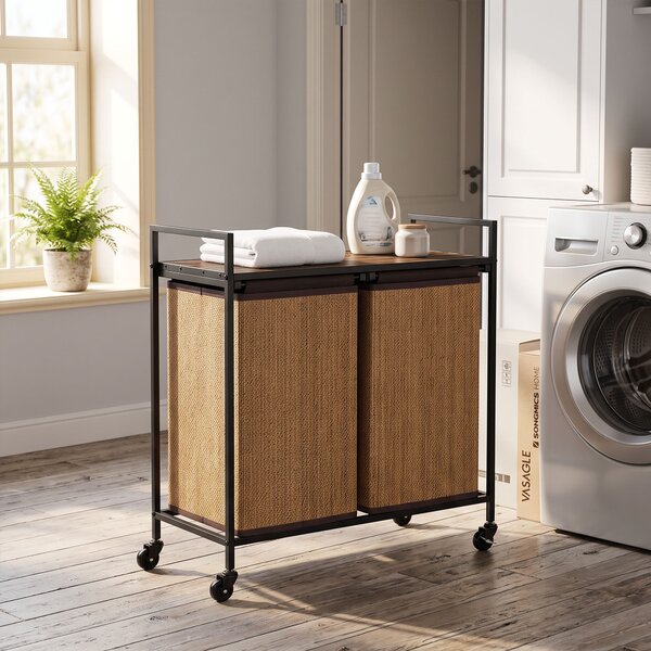 HOMCOM Cesto biancheria in bambù 120L a 2 vani con ripiano, sacco estraibile e ruote, 73x33x78 cm, Marrone | Aosom Italy