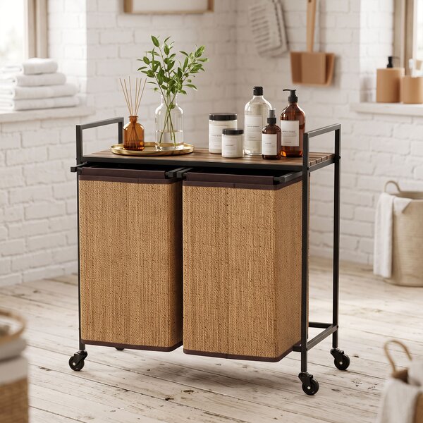 HOMCOM Cesto biancheria in bambù 120L a 2 vani con ripiano, sacco estraibile e ruote, 73x33x78 cm, Marrone | Aosom Italy