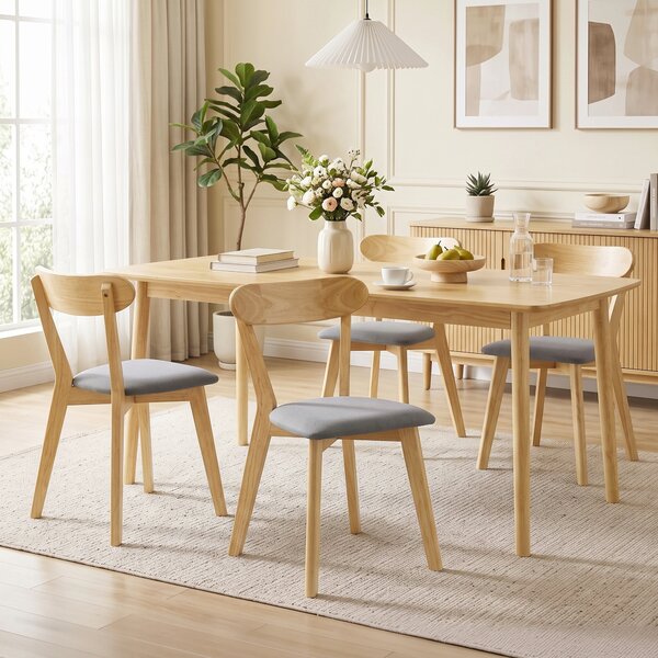 HOMCOM Set 4 sedie da pranzo imbottite in tessuto con schienale curvo, Grigio e Legno naturale | Aosom Italy