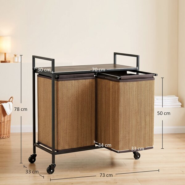 HOMCOM Cesto biancheria in bambù 120L a 2 vani con ripiano, sacco estraibile e ruote, 73x33x78 cm, Marrone | Aosom Italy