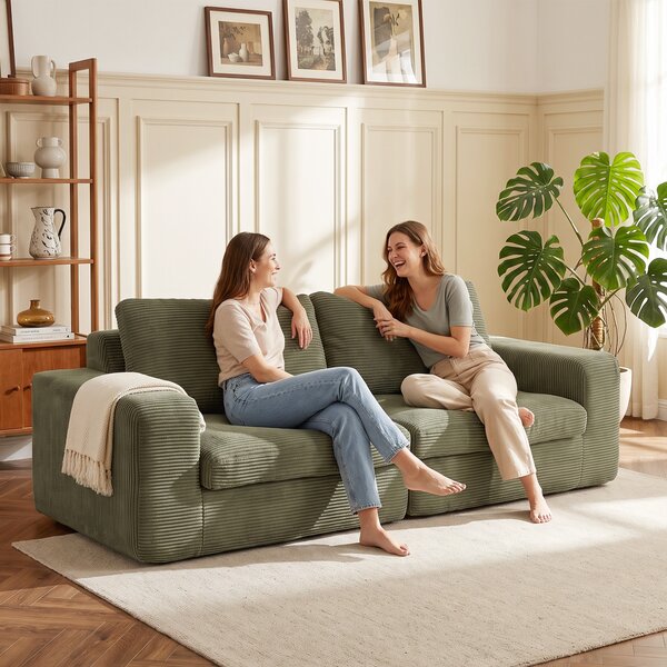HOMCOM Divano 3 posti in velluto a coste 236 cm con cuscino a molle, Verde | Aosom Italy