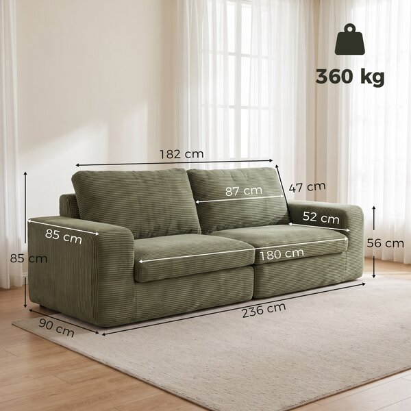 HOMCOM Divano 3 posti in velluto a coste 236 cm con cuscino a molle, Verde | Aosom Italy
