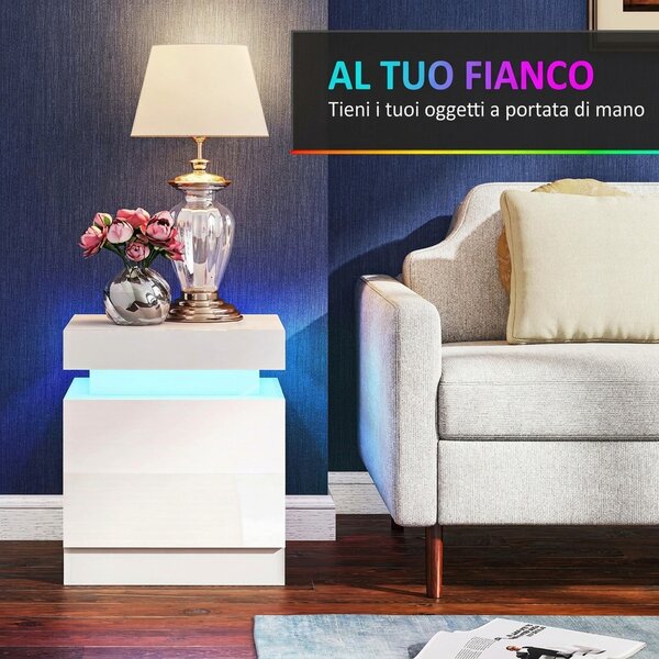 HOMCOM Set 2 Comodini LED a 16 Colori e 4 Modalità con 2 Cassetti, in Legno, 45x35x52 cm, Bianco Lucido | Aosom Italy